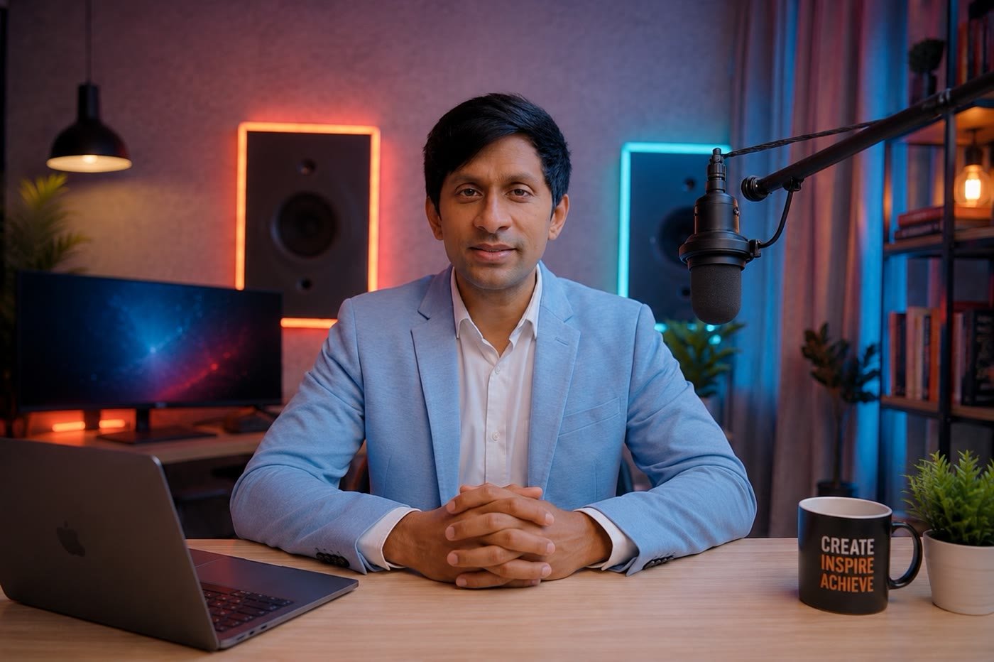 Jalal at a desk in a studio set with neon lights and a microphone